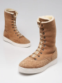 Bottega Veneta Beige Intrecciato Woven Suede and Shearling Mid Calf Boots Size 7/37.5